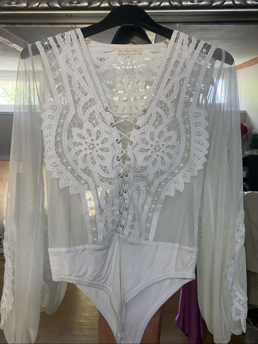 Hot & Delicious White Lace-Up Sheer Bodysuit with Crochet Detail